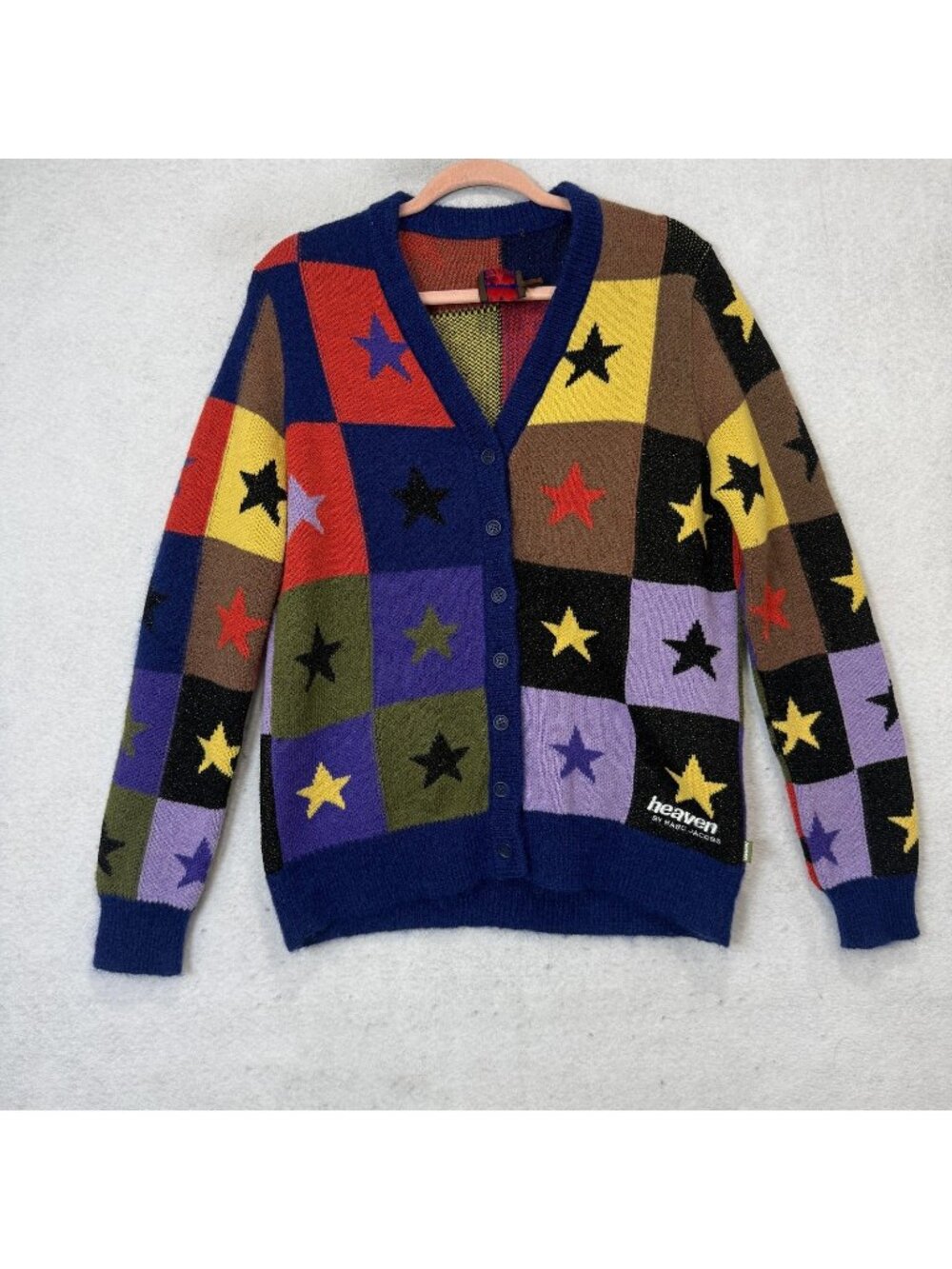 Heaven By Marc Jacobs Cardigan Sweater Womens Small Multicolor Star Blocks Knit
